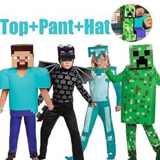 Børns Minecraft Cosplay Kostume Fancy Dress Drenge Piger Fest Kostume Gaver GreenTop  Pant  Mask M 5-7Y 115-125cm