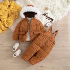 Baby Boy 2st/set Söt varm fleece-huvjacka och tjocka haklappsbyxor, kläder som lämpar sig för höst/vinter utomhus och skidåkning - Multifärgad (6-9M,9-12M,12-18M,18-24M,2-3Y)