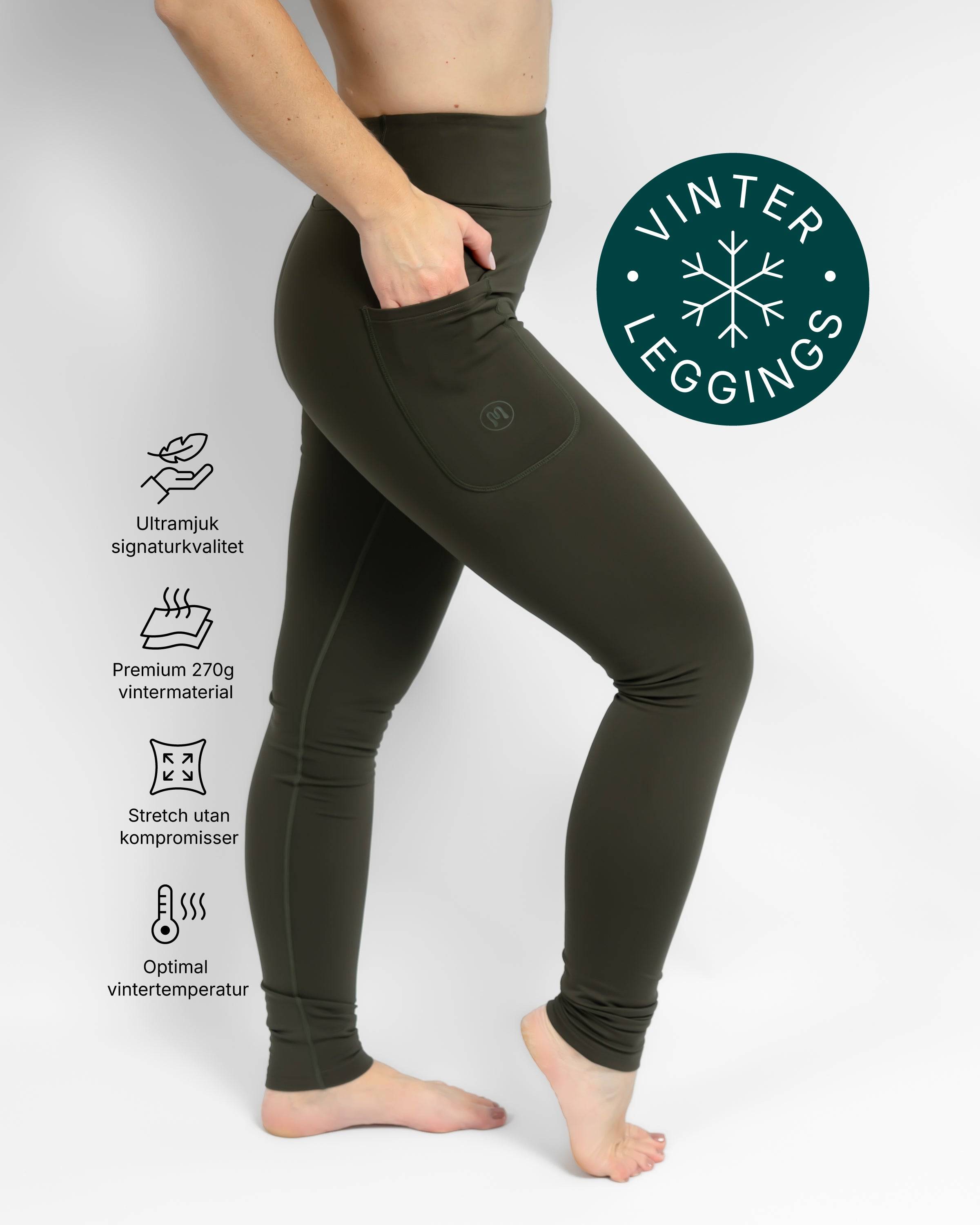 Aya Deep Olive Tight Fit Winter Leggings, XS