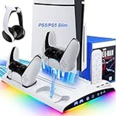 LYtech Stöd för Slim PS5 och PS5 med kylfläkt, PS5-styrenhet laddare, PS5 Slim PS5-bas vertikalt stativ med LED-indikatorer och förvaring för 13 Playstation 5-spel