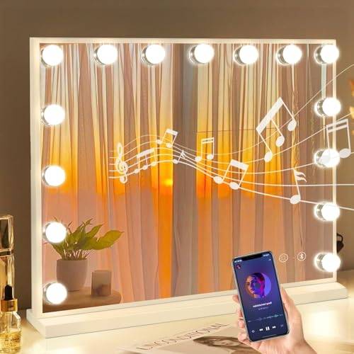 FENCHILIN Bluetooth Hollywood spegel med belysning, med USB, sminkspegel med 15 dimmer-LED-lampor, touch-styrning, sminkspegel Hollywoodstil, spegel med ljus i 3 färger, minnesfunktion
