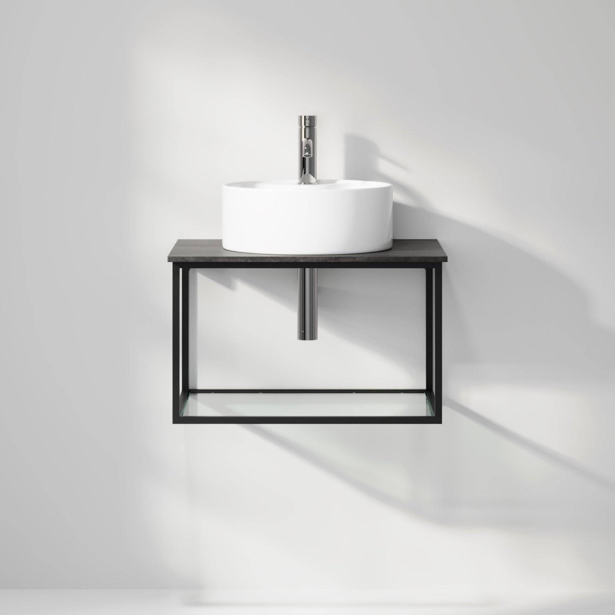 Badrumsmöbel med öppen metallram och botten i härdat glas - 60x46x50 cm - matt vit - vit fristående Porslin tvättställ - Bänkskiva i betonglook - Stenstorp