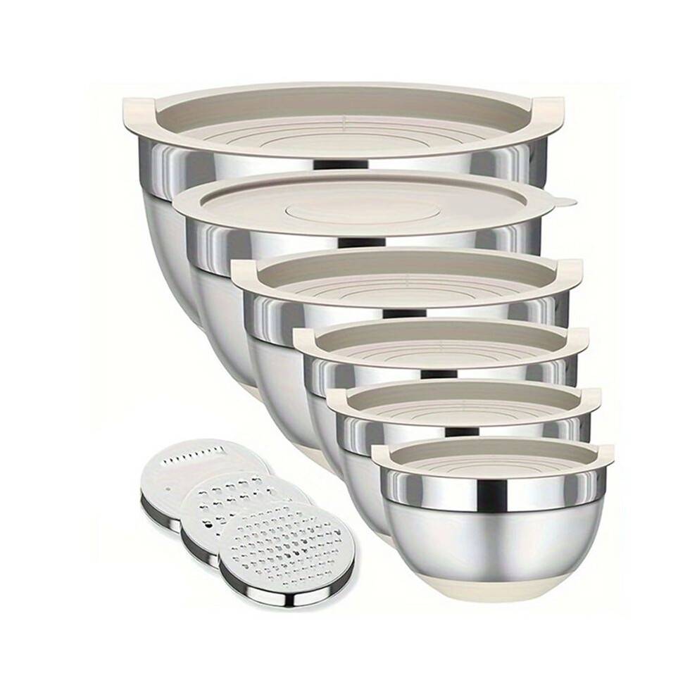 Khaki Mixing Bowl with Lid Set,6 Piece Stainless Steel Mixing Nesting Bowls for Salad Storage,3 Grater Attachments