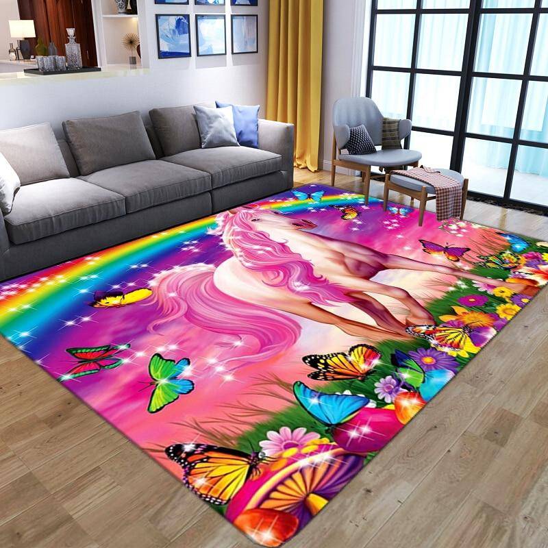 3D Rosa Unicorn Matta Flickrum Tecknad Barn Vardagsrum Mattor Sovrum bredvid Matta Balkongmatta Baby Hall Matta Golvmatta
