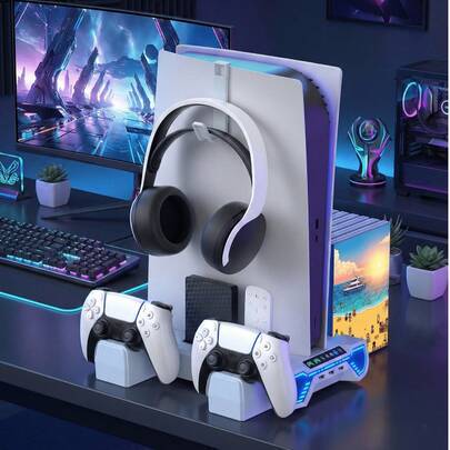 PlayStation5 kylladdningsdocka - Multifunktionellt konsolstativ | Inbyggd aktiv kylfläkt, effektiv kylning för att förhindra överhettning | Laddningsd - Multifärgad (Kylladdningsdocka + krok för hörlursställ)