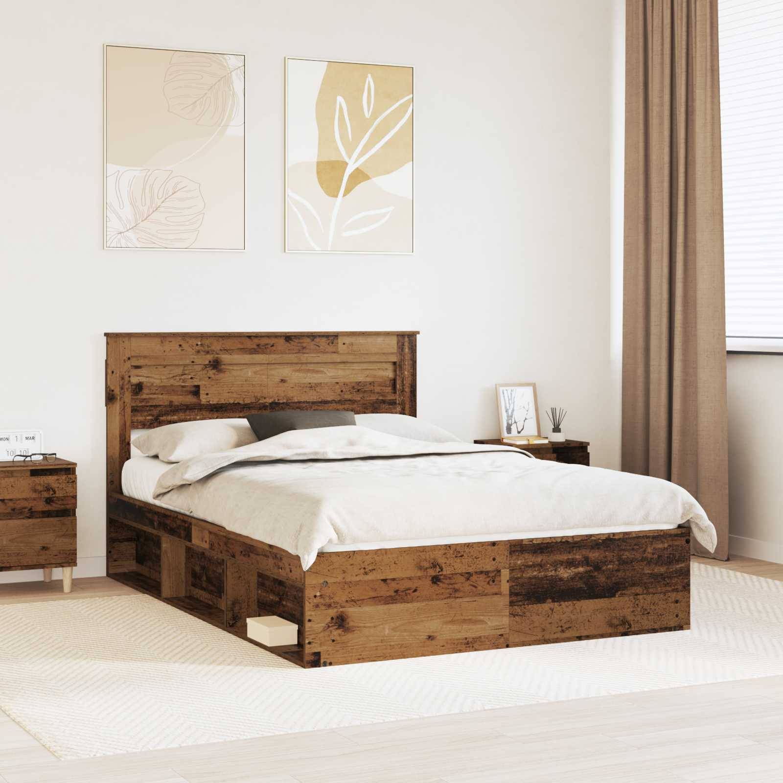 vidaXL Sängram med huvudgavel Gammalt trä 140 x 190 cm Massiv furu