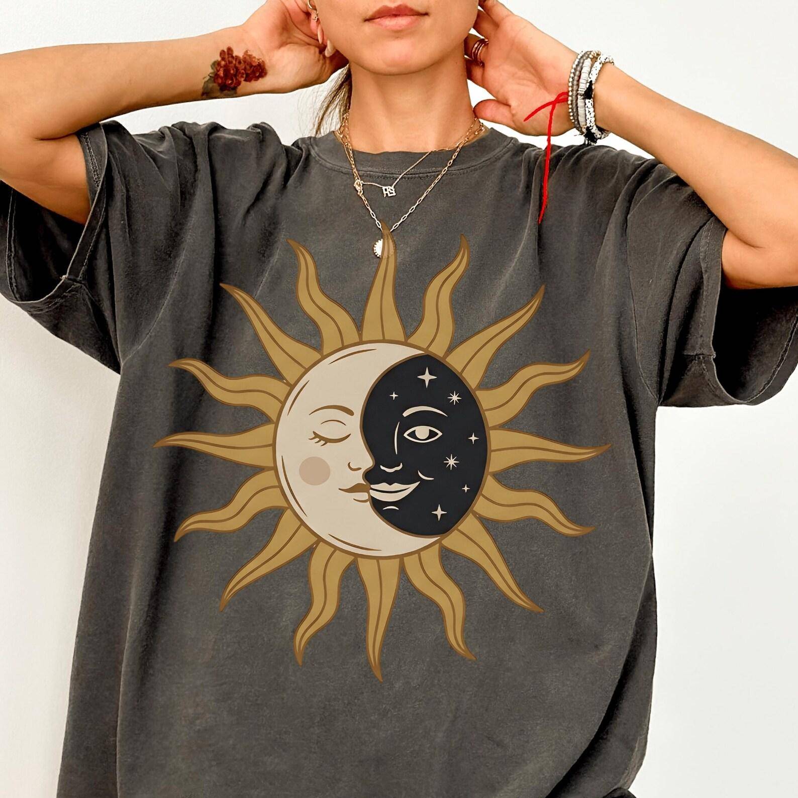 Sol Och Måne T-shirt Comfort Colors® Vintage Boho Himmelsk T-shirt Andlig Tarotkort Astrologi Älskare Gåva Topp Mystisk Hextillverkad Mörk Akademia cm