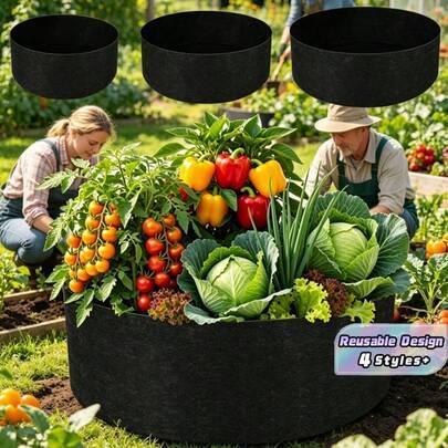 Stora runda växtodlingspåsar, upphöjda odlingsbäddar, planteringskrukor i kraftigt svart tyg för trädgård, blommor, grönsaker, örter och växter, utomh (L,M,S,XL)