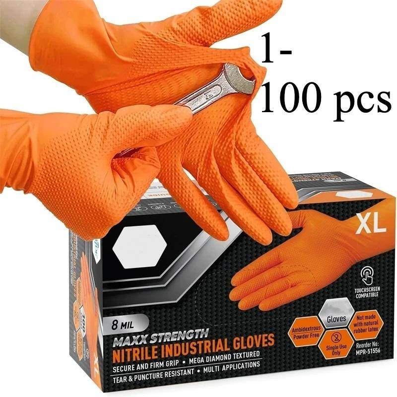 Kraftiga orange nitrilhandskar Industriella engångshandskar med diamantmönstrat grepp för mekanikersäkerhet & arbetshandskar