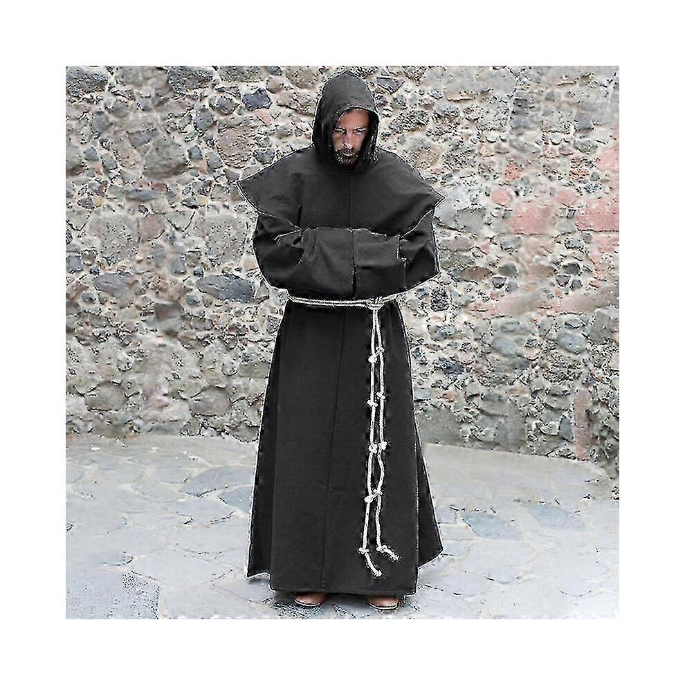 (L, Black) S-5xl Renaissance Monk Clergy Habit Scapular Friar Costume Religious Saint Gown Robe Men Priest Hood Cowl Halloween Outfit