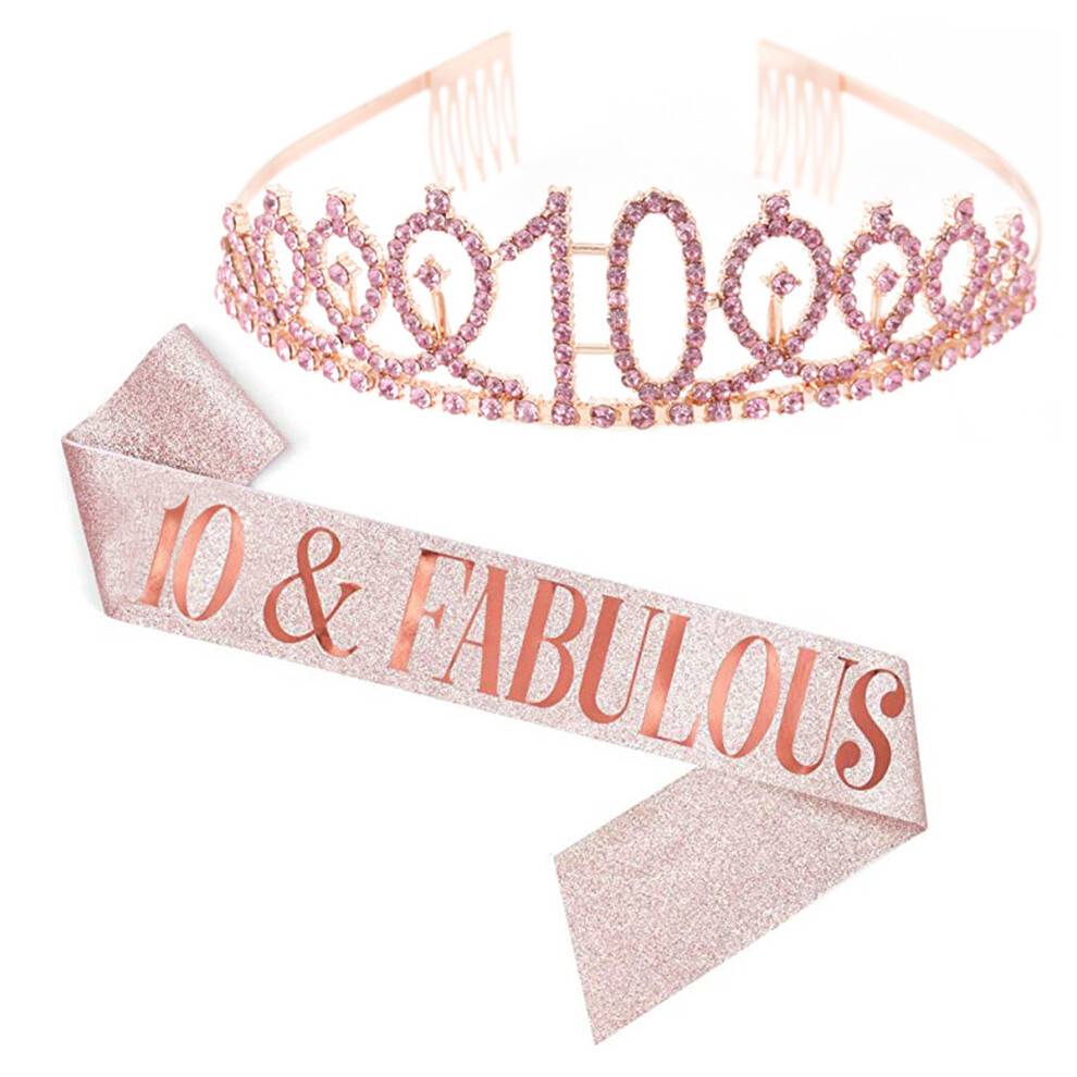 Rosaguld fødselsdagsskærfkronesæt, fødselsdagsfestgaver med glitterstof, justerbar hovedbeklædning, rhinstenshovedbeklædning, elegant