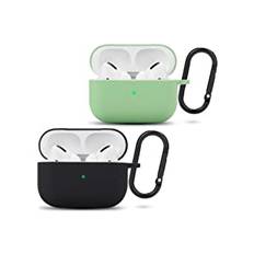 2 Pack fodral kompatibelt med Airpods Pro kompatibelt med Apple AirPods Pro fodral (Black & Light Green), kompatibelt med Silicone with Carabiners [Support Wireless Charging]