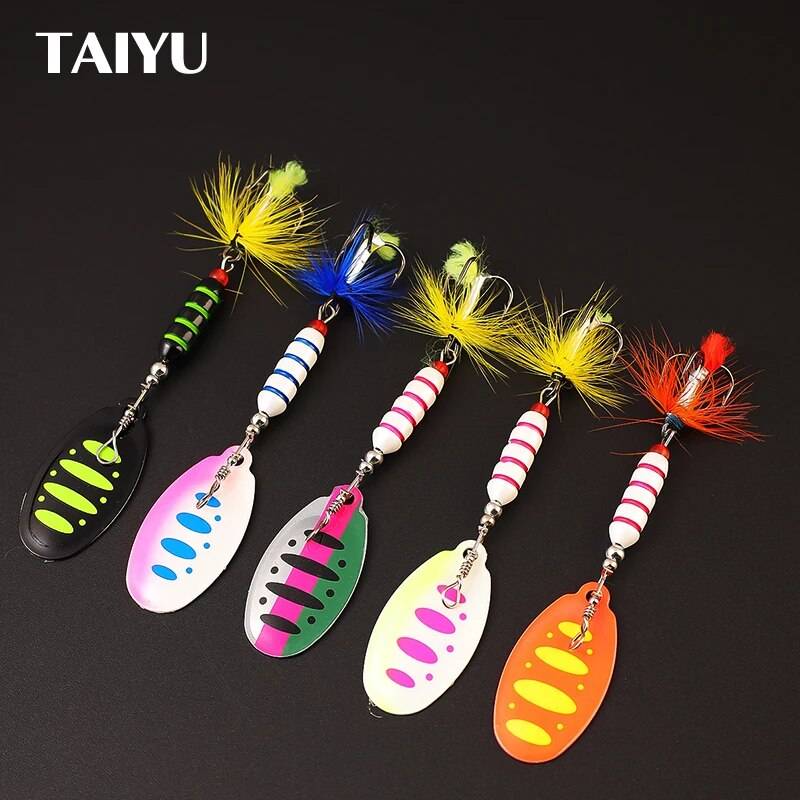 TAIYU 5pcs Fishing Lure Sequin Set Spinner Spoon Bait With Treble Feather Hook Wobblers Lures For Sea Fishing Tackle Accessories