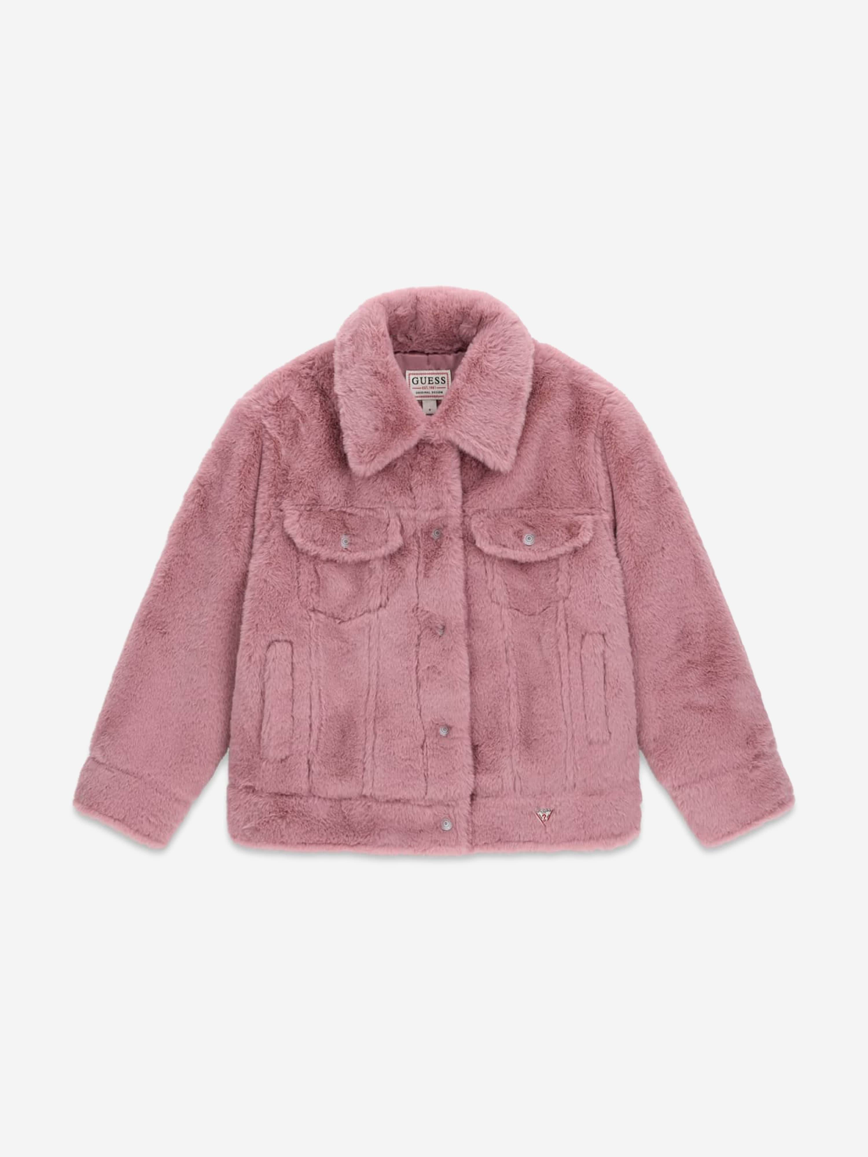 Guess Girls Plush Faux Fur Jacket in Pink - Pink / 7 Yrs (7 Yrs)