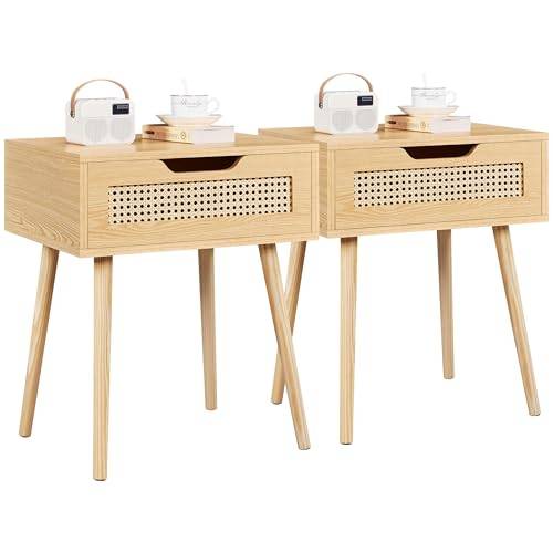 Yaheetech Nachttisch 2er Set mit Schublade Beistelltisch Rattan Nachtkommode Holzbeine Nachtschrank Sofatisch Boxspringbett Nachtkommode 48,5 cm L × 41 cm B × 57,5 cm H, Hellbraun