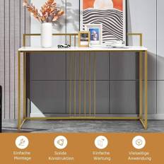 120 cm Konsolbord med Marble Look & Guld Metallram Modernt hallbord Vit