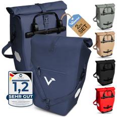 Valkental - 2in1 Fahrradtasche aus klimafreundlichem TPU - 2er Set - 100% Wasserdicht - Viele praktische Fächer - 23-28L Flexibles Volumen mit Laptopfach - Gepäckträgertasche Blau