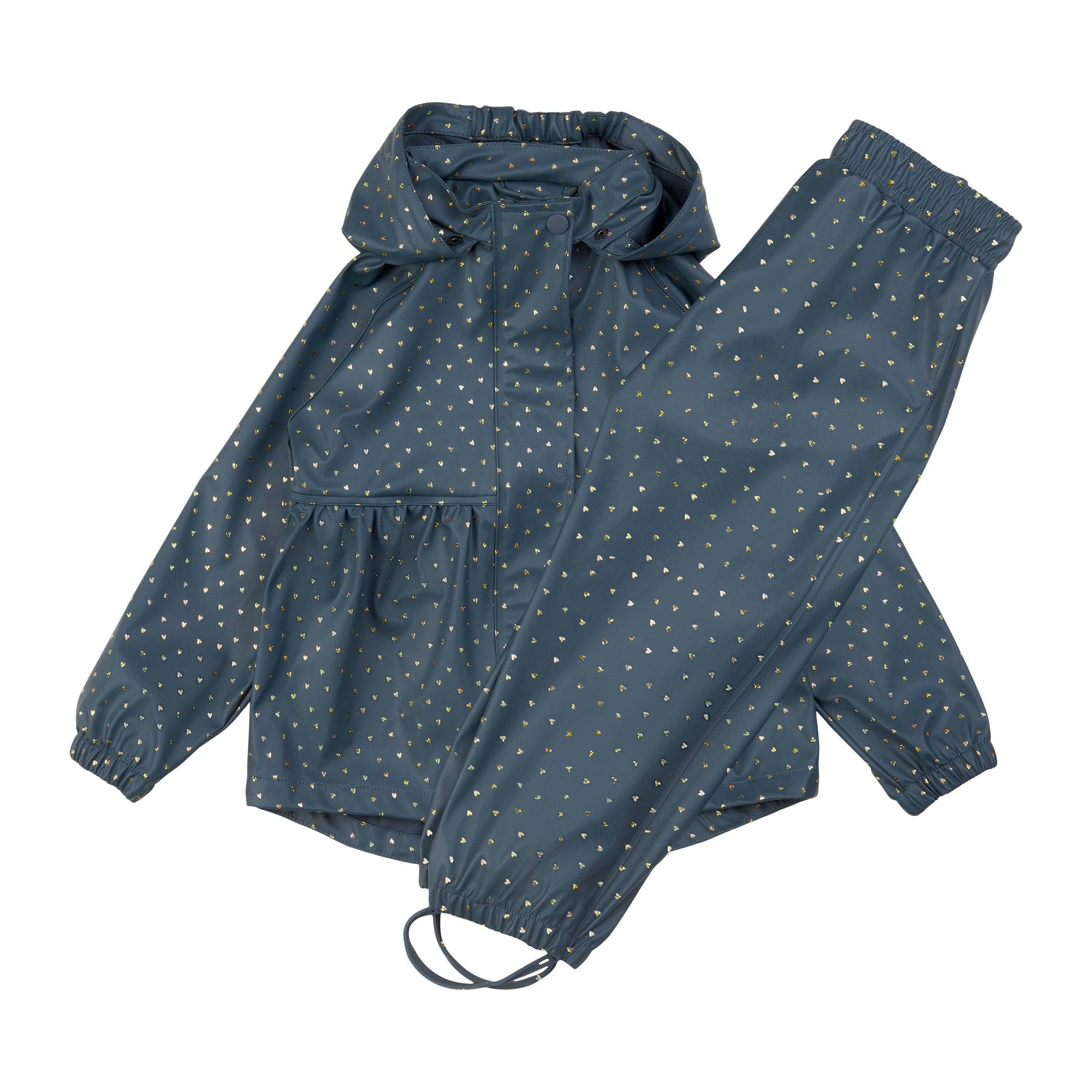 Gunhild PU Regnsæt m. regnbukser - Blue Ash Glittery Heart AOP - 5Y/110cm