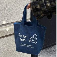 Convenient Travel Item, Denim Printed Short-Trip Handle Bag, Casual Versatile Hand-Held Canvas Small Bucket Bag, Fashionable & Cute - Blue