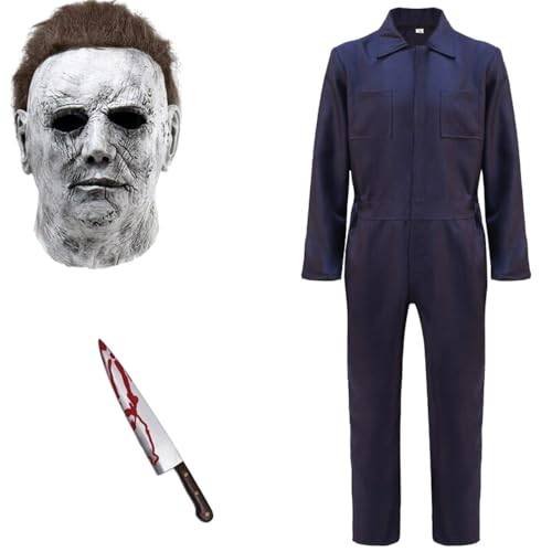 BaronHong Michael Myers dräkt för vuxna, overall, mask med blodmätare, halloween, cosplay, Michael Myers Killer-kläder (blå, XL)