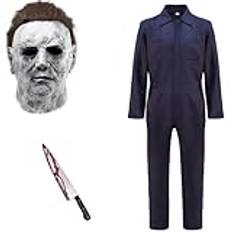 BaronHong Michael Myers dräkt för vuxna, overall, mask med blodmätare, halloween, cosplay, Michael Myers Killer-kläder (blå, XL)
