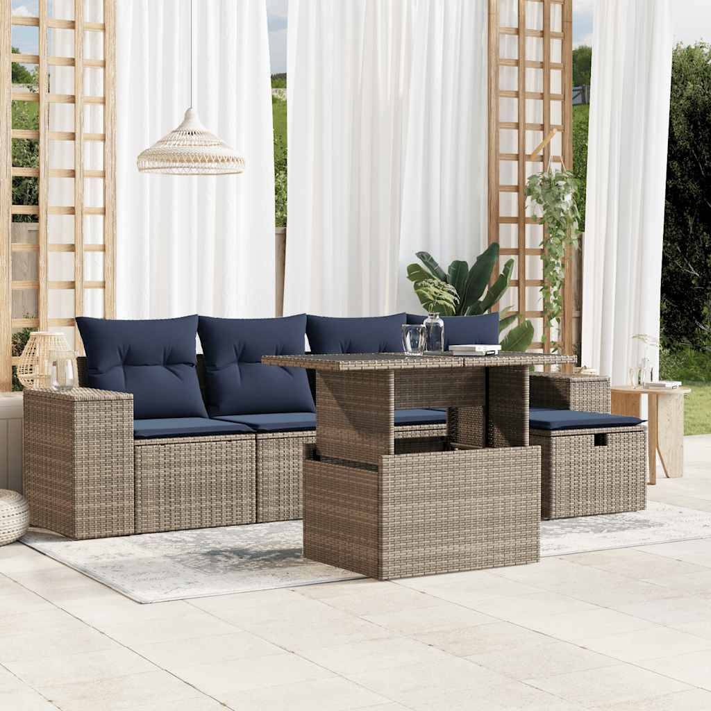 vidaXL havesofasæt med 6 dele og hynder grå polyrattan