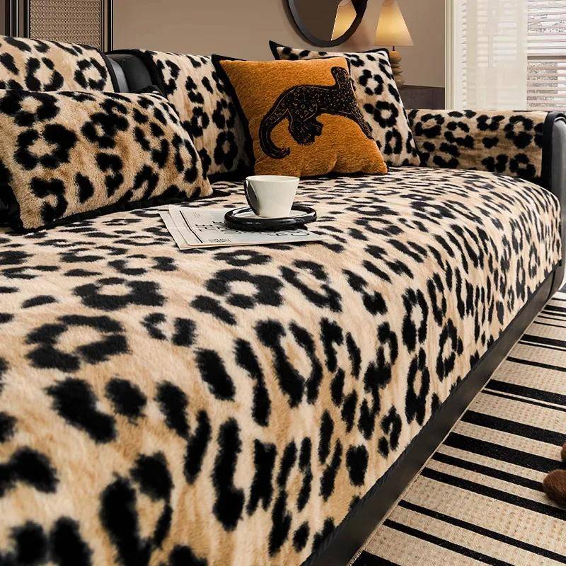 Lyxig Tjock Plysch Leopardtryck Soffkudde Höst Och Vinter Ny Halkfri Lyx Rak Rad Lädersoffa Sitsöverdrag