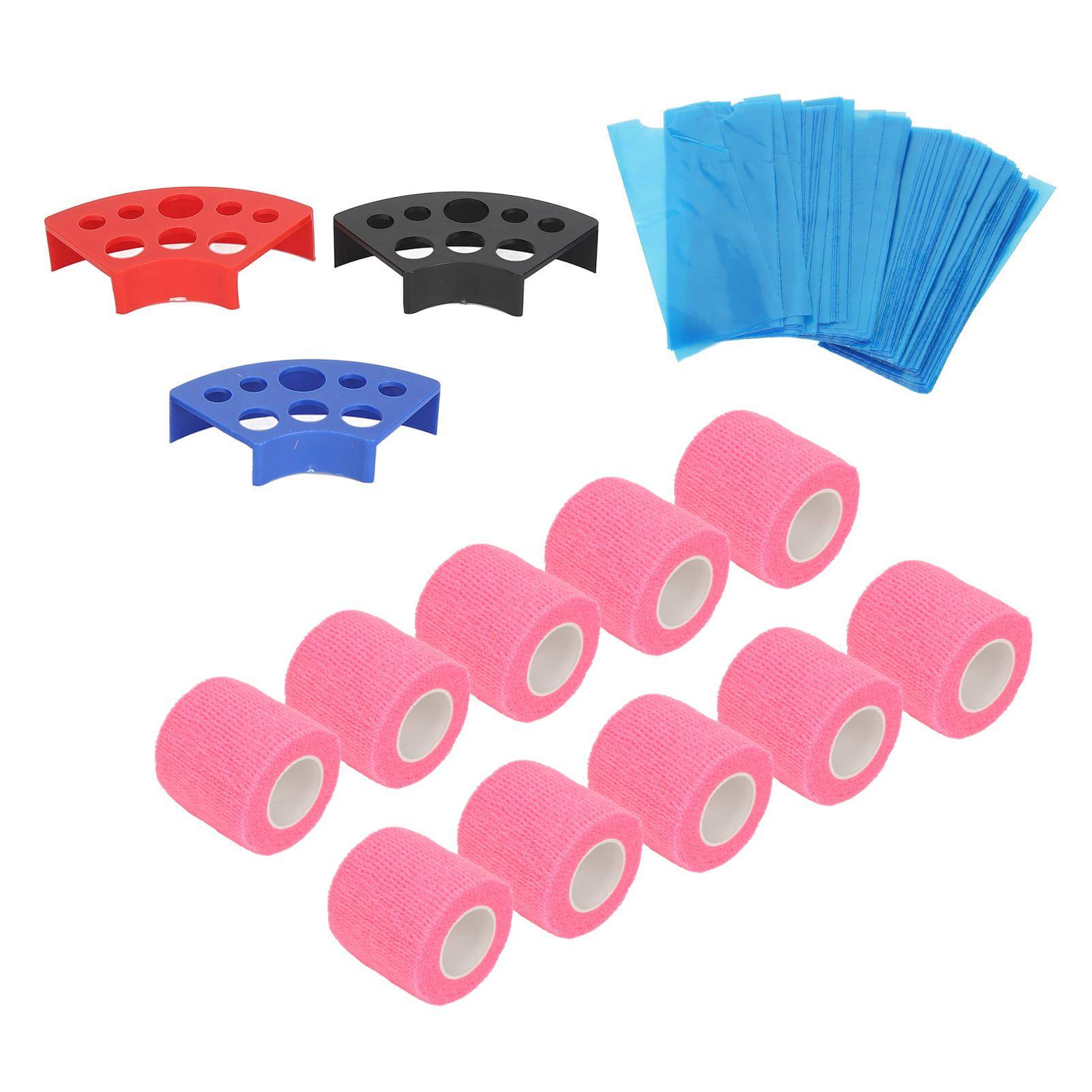 200pcs Blue Tattoo Pen Machine Covers with 10pcs Grip Tapes 3pcs Ink Cup Holder Stand Elastic rosa