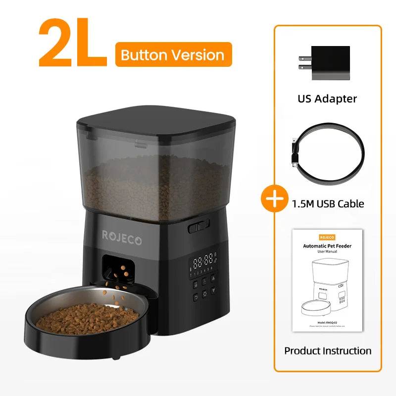 Smart Automatic Pet Feeder & Kibble Dispenser — Button Version - Black with US Plug / 2L (2L)