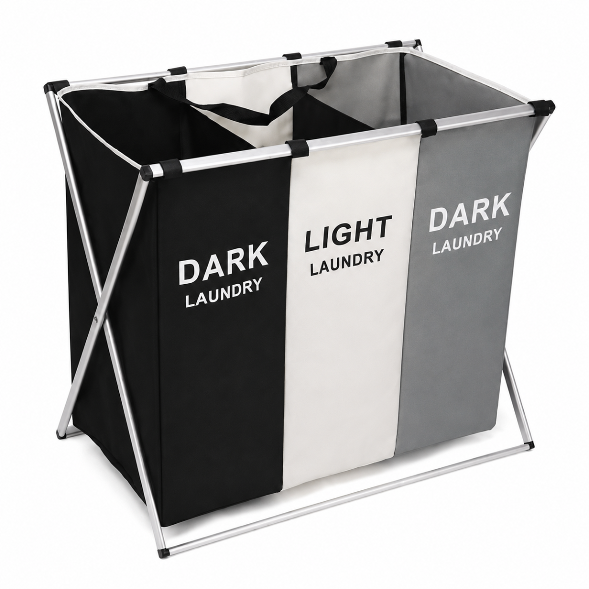 Vasketøjskurv med 3 rum (Foldbar) - 38 x 66 x 58cm - Sort/hvid/grå