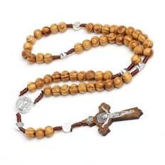 Siganorpy Radband i trä halsband släta pärlor katolskt korshalsband religiösa smycken katolskt Jesus kors hänge halsband för män (brun)