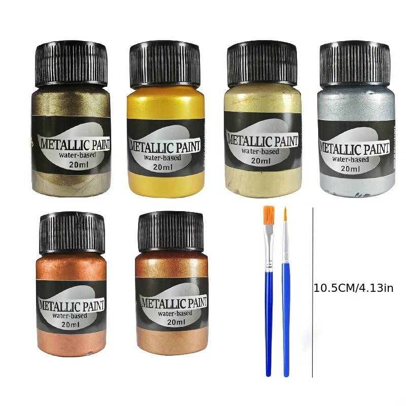 6-color Metallic Acrylic Paint Set, 20ml Bottles - Non-toxic, For Diy Art & Crafts - Ideal For Faux Leather, Rocks, Wood, Glass, Pumpkin - Includes 2 Brushes