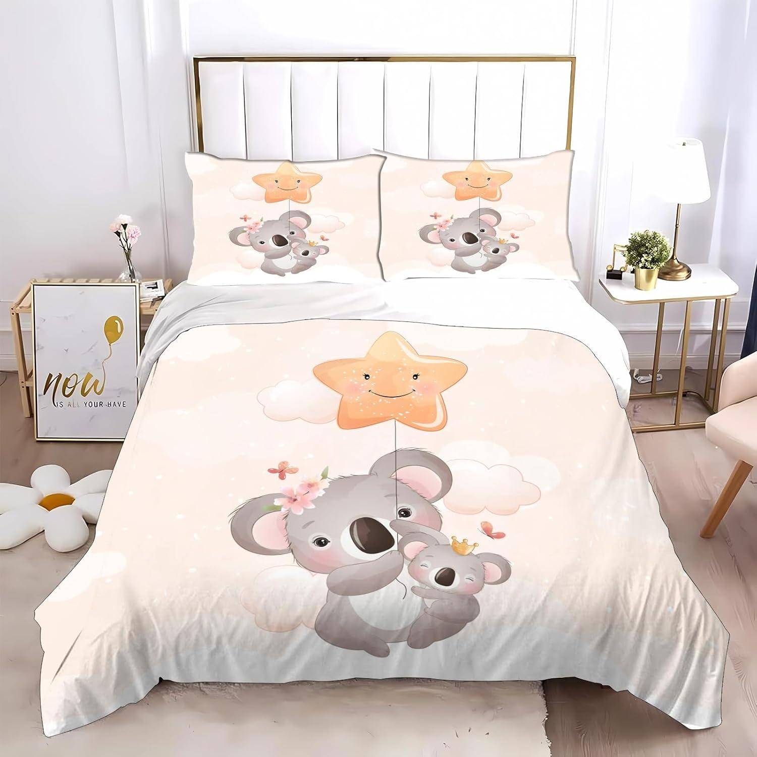 Koala Barnsängset, Koala Djur Tecknad Sängkläder Set För Flickor Och Pojkar 3D Tryck Polyester Zoo Djur Sängkläder Set 90x200m