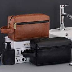 Men Waterproof Travel Toiletries Storage Bag Portable Makeup Organiser Zipper Handbags Retro Stitching Pu Leather Toiletry Bag Large Capacity Travel B - Multicolor - Black,Brown,Dark Brown