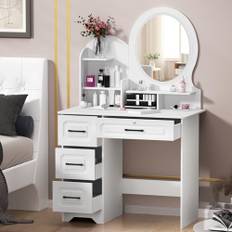 locwanot Sminkbord med spegel och LED-lampor, modernt sminkbord, 4 lådor, 4 hyllor, förvaringsenhet, byrå, 3 belysningslägen, sminkbord för sovrumsmöbler, vit