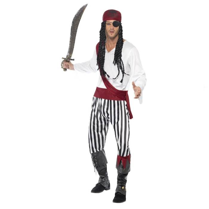 Klassisk pirat kostume med stribede detaljer.