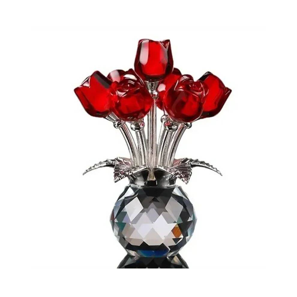 Röd Rosbukett med Rund Vas Figurer Presenter för Kvinnor Glasbukett Ornament Romantiska Presenter Borddekoration