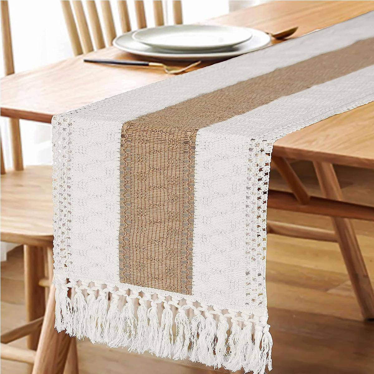 Boho Fall Bordslöpare Farmhouse Burlap Bomull Bordslöpare med tofsar Vävd Makrame Hem Vardagsrum Bordsdekoration