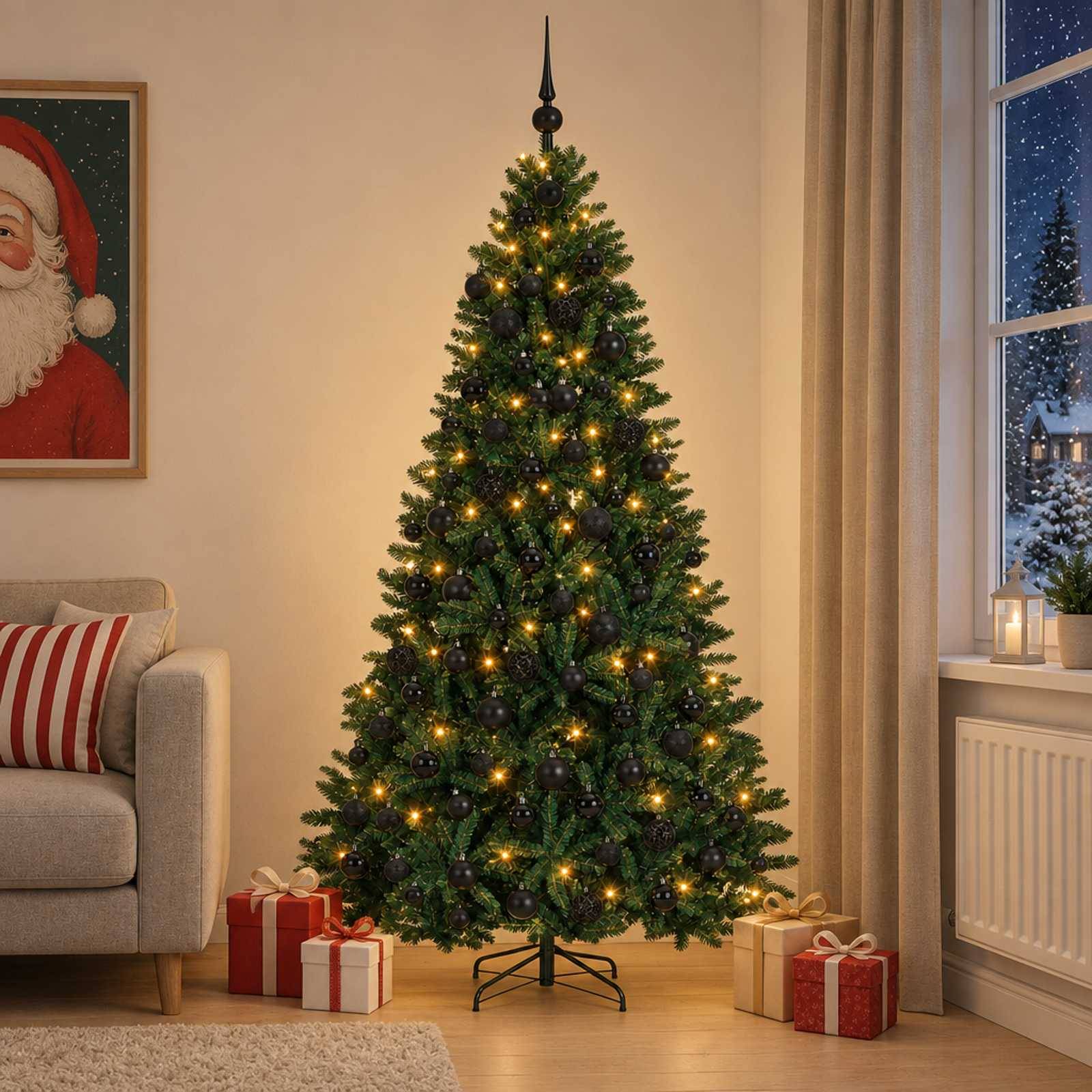 vidaXL Konstgjord julgran mörkgrön med julkulor 210 cm 300 LED-lampor