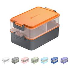 Linoroso Lunchbox Erwachsene Brotdose mit 3 Fächern Bento Box mit Soßenbehälter und Geschirr Lunch Box für Mikrowelle und Spülmaschine Kunststoff BPA-frei Als Frühstücksbox Jausenbox Salatbox - Orange
