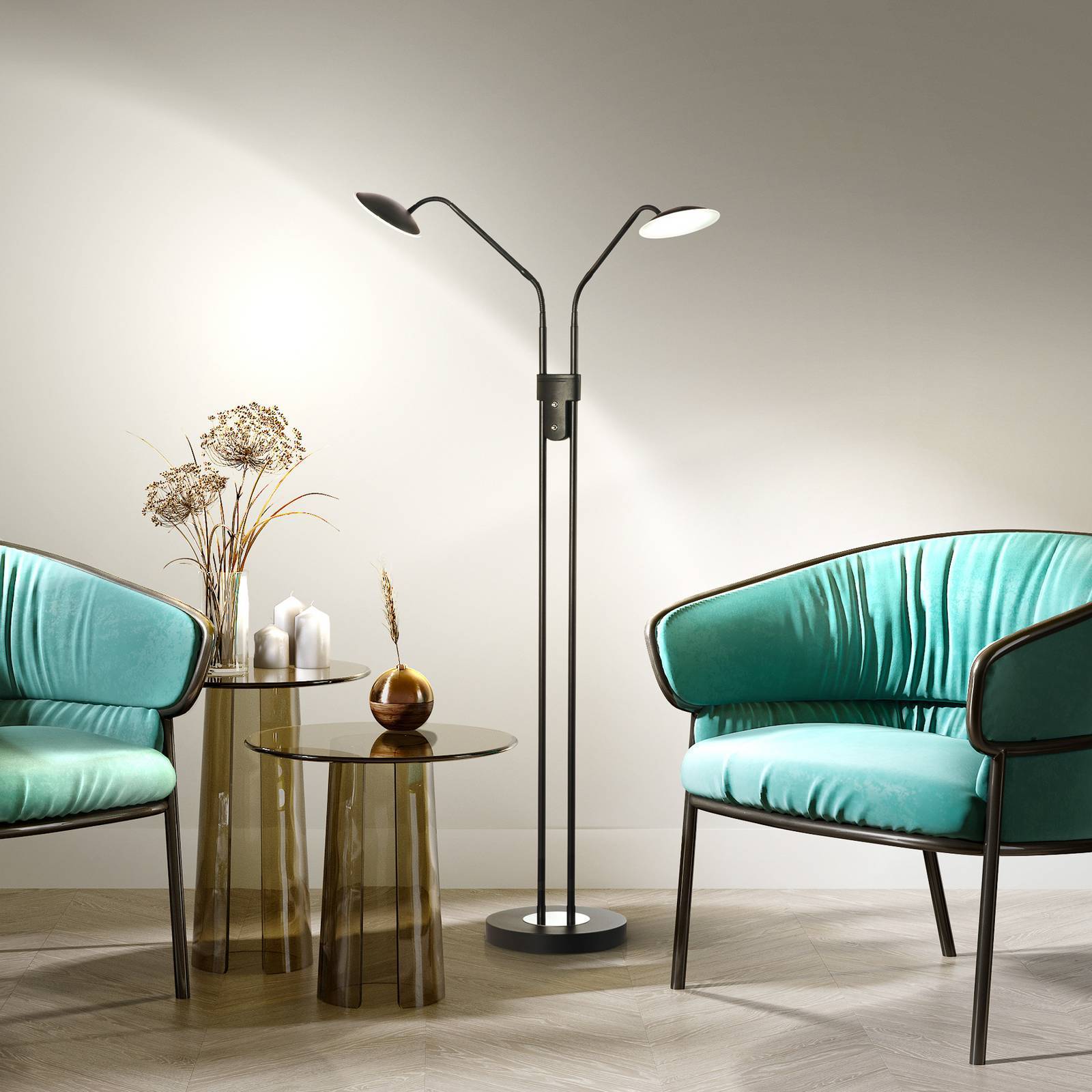 FISCHER & HONSEL Golvlampa Tallri, dimbar, Svart, Vardagsrum / matsal, Metall, Modern, Golvlampa
