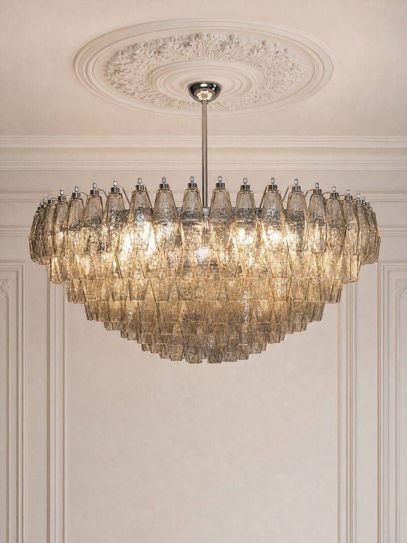 Murano Lysekrone Poliedri 275 glas Ekstra Lys Røgfarvet Mat gold without patina