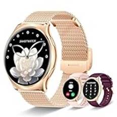 Smartwatch damer rund med telefonfunktion, 1,43 tum AMOLED Always-On-Display fitnessklocka med 100+ sportlägen, puls, sömnmonitor, menstruationscykel, stegräknare, armbandsur för Android iOS