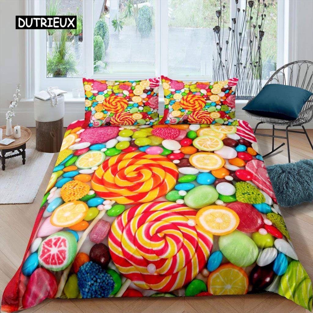 Lollipop Påslakanset Mat-tema Täcke Överdrag Blått Bubbla Sängkläder Set för Barn Barn Kvinnor Flickaktigt Drömskt Täcköverdrag 140x200cm 3pcs
