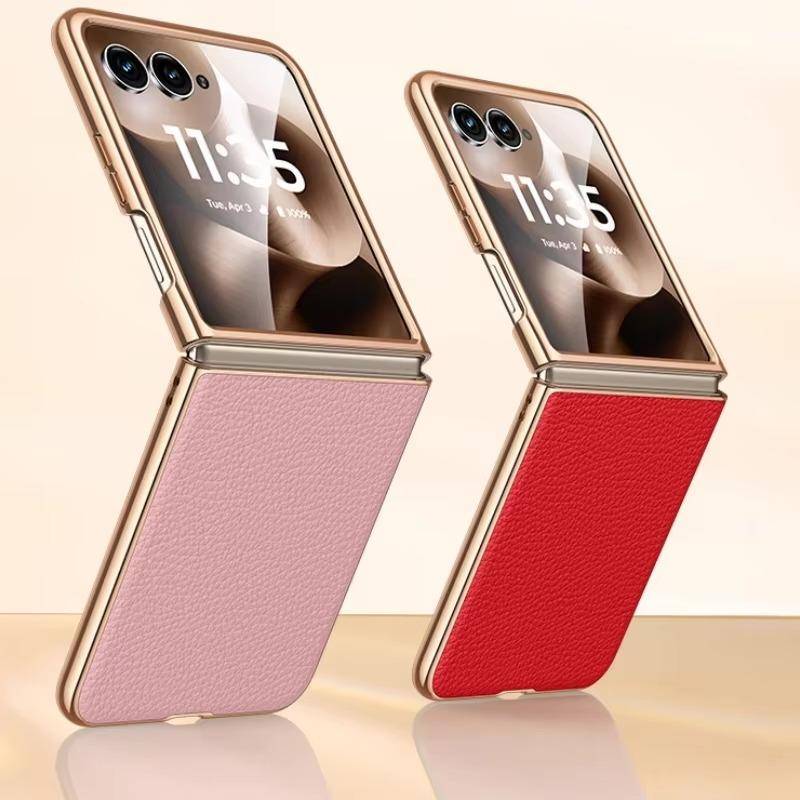 Äkta koskinn för Motorola Razr 60 Ultra Fodral Moto Razr 50 40 Ultra Vikbart Fodral med Skydd för Förhöjd Fram- och Baksida gray