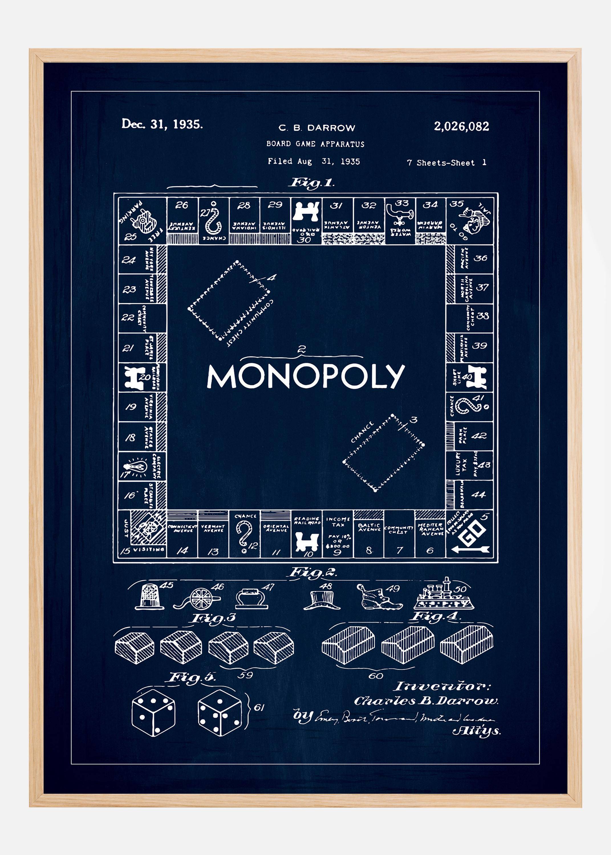 Patentritning - Monopol I - Blå Poster (30x40 cm)