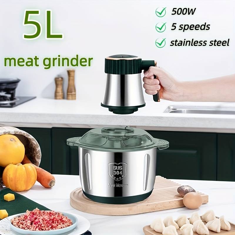 5l Large Capacity Meat Grinder, 5-speed Stainless Steel Electric Meat Grinder, 500w Household Grinder, 40000rpm Speed, Compact , Suitable For Meat, Fruit, And Beans