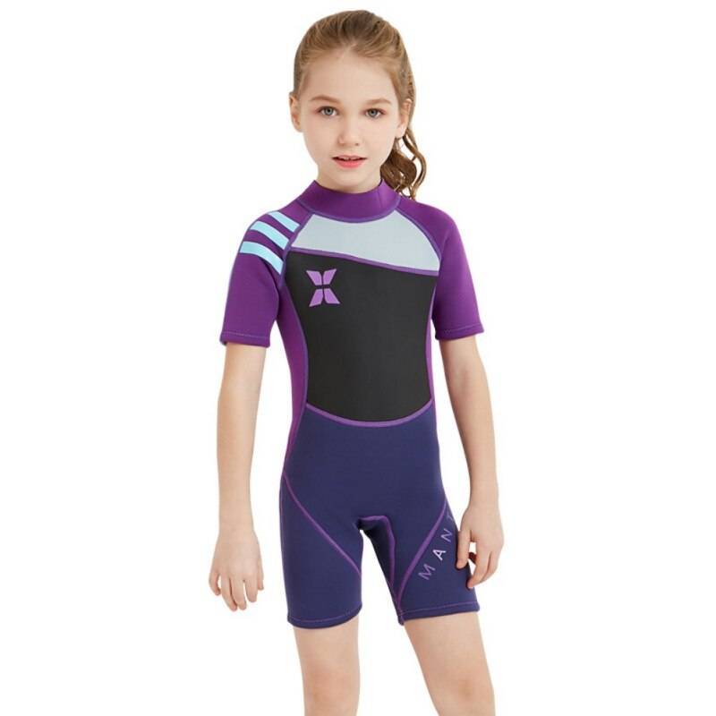 Barn dykdräkt i ett stycke 2.5mm barn flicka kortärmad dykning shorty våtdräkt simsurfdräkt s -2 xl 4 - Lila / Xxl