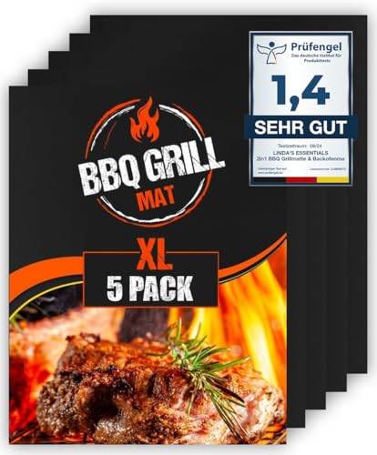 Linda's Essentials Große BBQ Grillmatte für Gasgrill, Elektro und Holzkohle (5er Pack) - Wiederverwendbare, hitzebeständige Grillmatten für Holzkohle, Teflon Grillmatte, 50 x 40cm (Black)