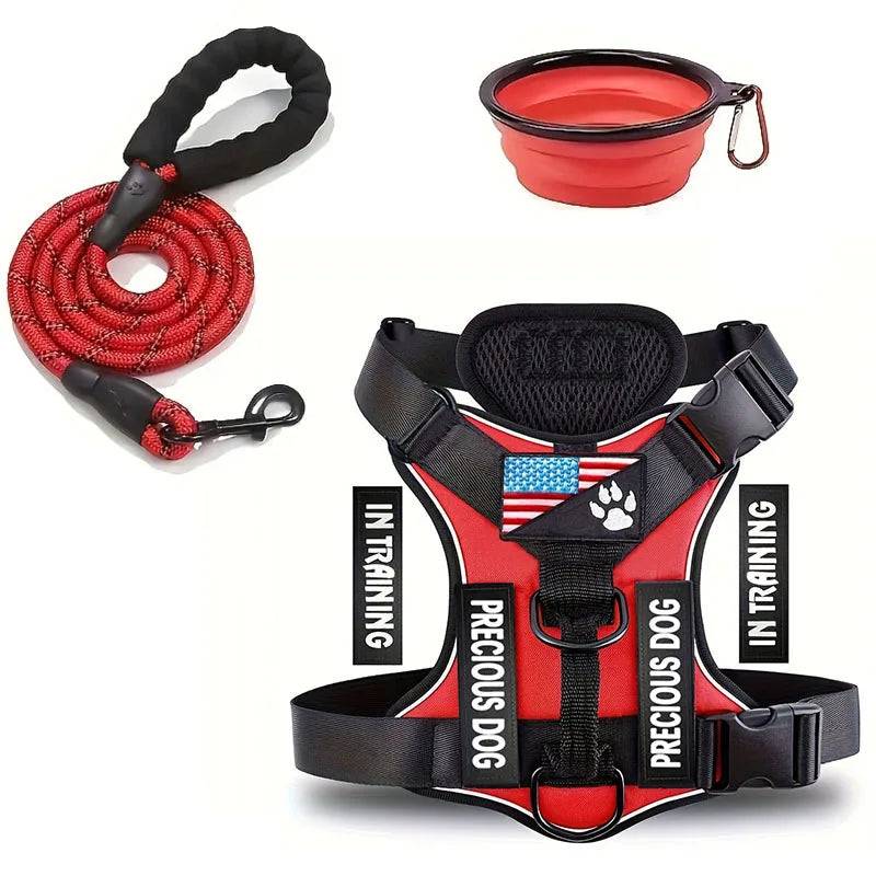 Reflective Dog Harness & Leash Set with Folding Bowl - Red / XL (XL)